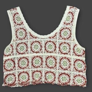 Rachel Zoe S/M Boho Sleeveless Crochet Knit‎ Crop Top Granny Square Festival 70s